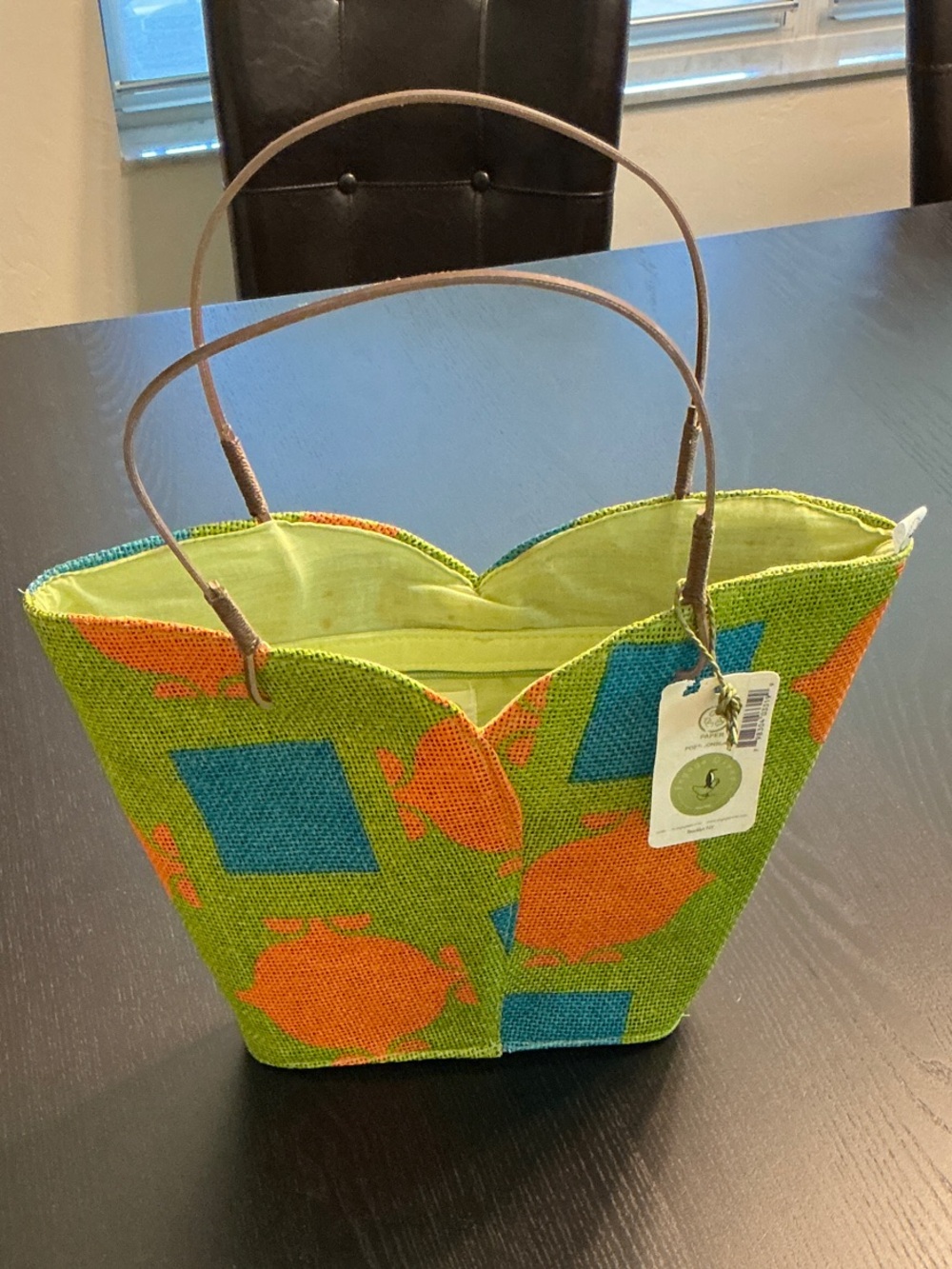 Green Patterned Tote with Orange & Blue Accents by